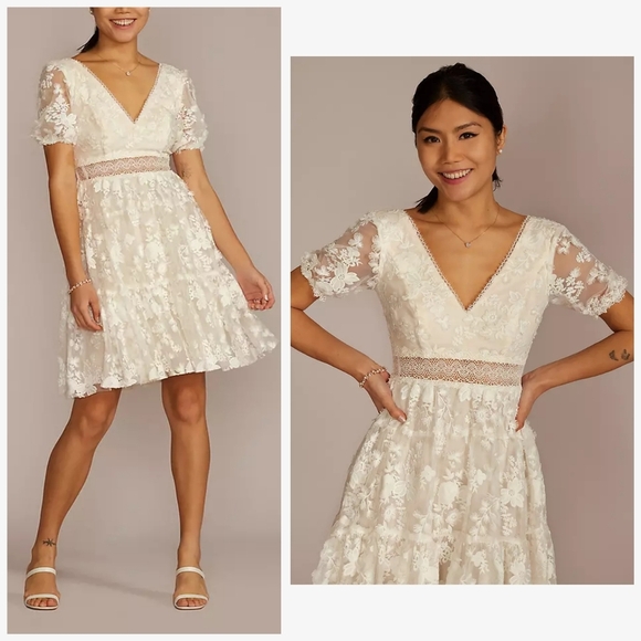 DB Studio Nwt 3D Soft White Floral Lace V-Neck Short Dress, Size 12 - Picture 1 of 16